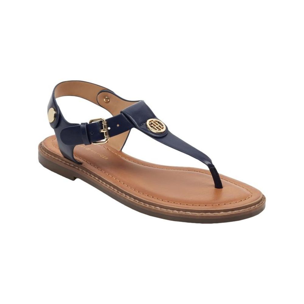 TOMMY HILFIGER Womens Blue Monogrammed Logo Bennia Block Heel Thong Sandals 7 M